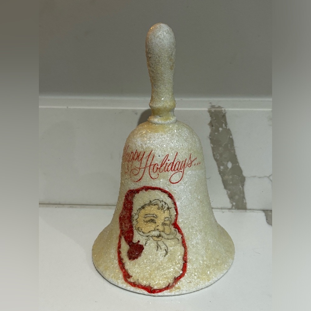 Vintage Santa glittery bell happy holidays Christmas